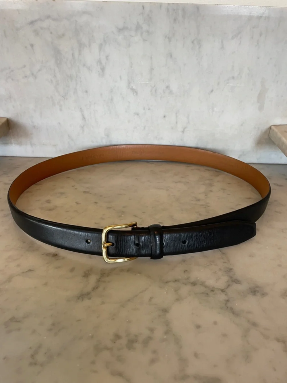 POLO RALPH LAUREN Men’s Black Leather Belt with Brass Gold-Tone Buckle